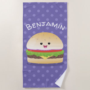 Toalla De Playa Personalizado de hamburguesa kawaii feliz