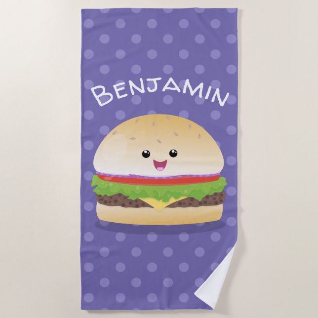 Toalla De Playa Personalizado de hamburguesa kawaii feliz (Anverso)