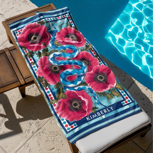 Toalla De Playa Personalizado de la piscina de la serpiente de agu (red poppies and turquoise water snake beach towel by the pool)