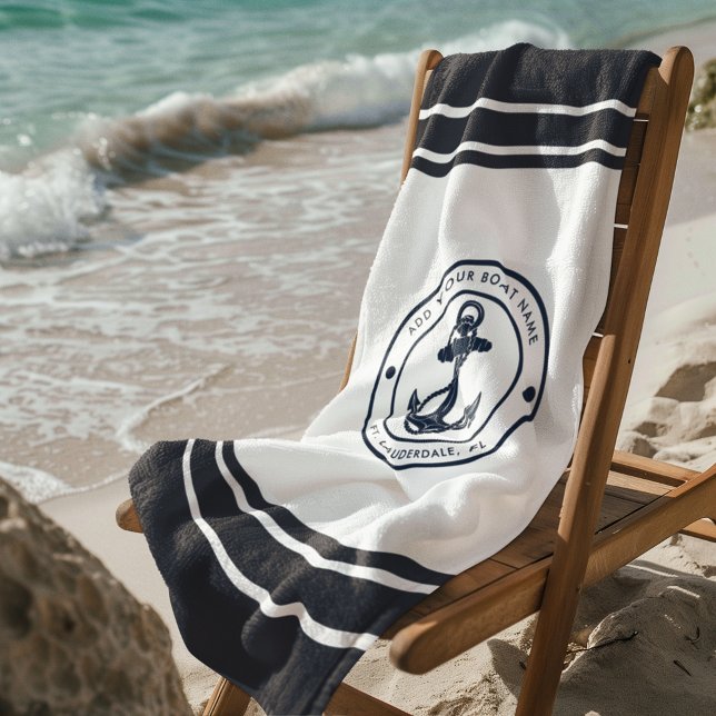 Toalla De Playa Personalizado de navegación azul de la marina de n (Nautical Anchor Custom Boat Name Navy Blue and White Beach Towel)