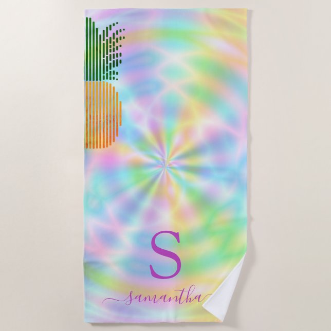 Toalla De Playa Personalizado de piña tropical Holográfica Pastel  (Anverso)