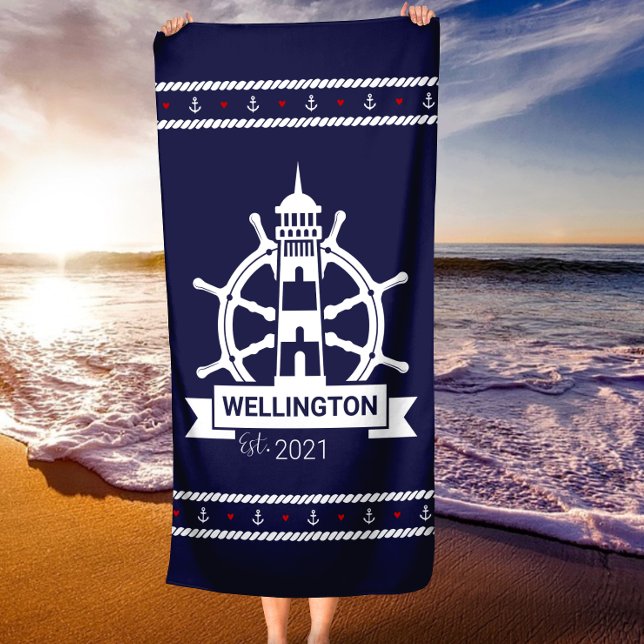 Toalla de playa Personalizado del faro de la Marin (Nautical Navy Lighthouse Custom Beach Towel)