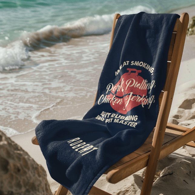 Toalla De Playa Personalizado del maestro del pozo de barbacoa en  (Navy Blue BBQ Fun Gag Beach Towel)
