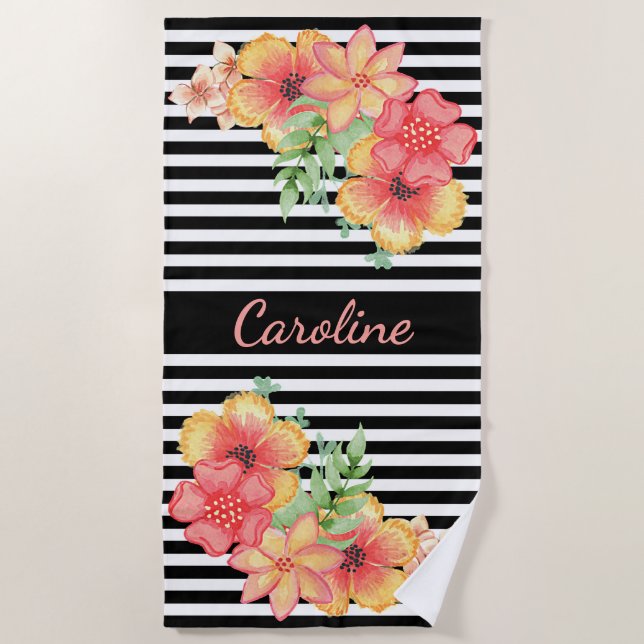 Toalla De Playa Personalizado Divertido Floral acuarela Cute Strip (Anverso)