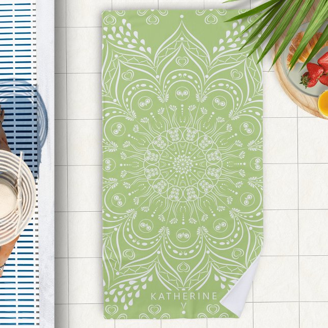 Toalla De Playa Personalizado el Boho Verde Lime Mandala (Personalized Lime Green Beach Towel with Boho Mandala Pattern)