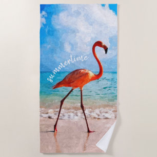 Toalla De Playa Personalizado Elegante Flamingo On Beach Watercolo
