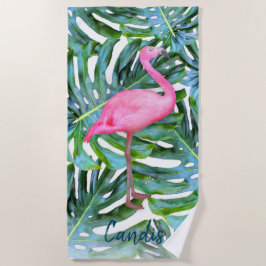 Toalla De Playa Personalizado Flamingo Rosado Hojas Tropicales Mod