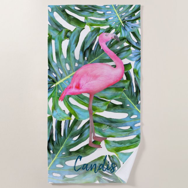 Toalla De Playa Personalizado Flamingo Rosado Hojas Tropicales Mod (Anverso)