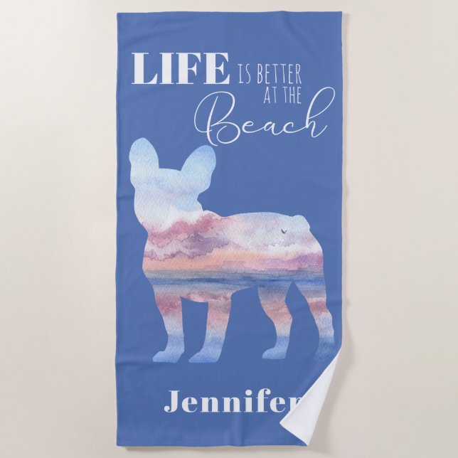 Toalla De Playa Personalizado Frenchie Beach Scene Silhouette Beac (Anverso)