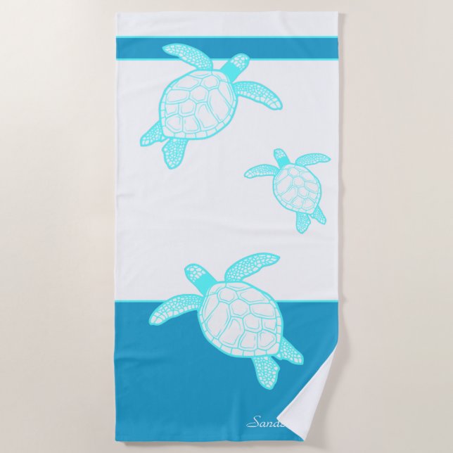 Toalla De Playa Personalizado Nautical Coastal Sea Turtle Azul Bla (Anverso)