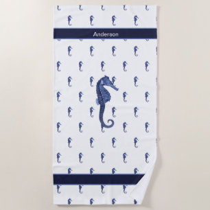 Toalla De Playa Personalizado Nautical Seahorse Bathroom Sea Blue