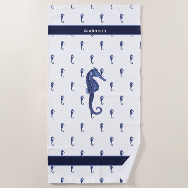 Toalla De Playa Personalizado Nautical Seahorse Bathroom Sea Blue (Anverso)