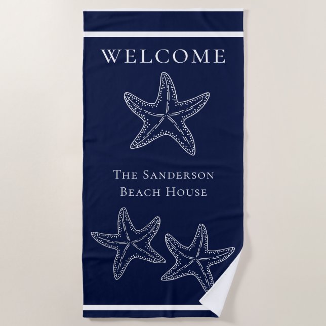 Toalla De Playa Personalizado Nautical White Navy Starfish Azul (Anverso)
