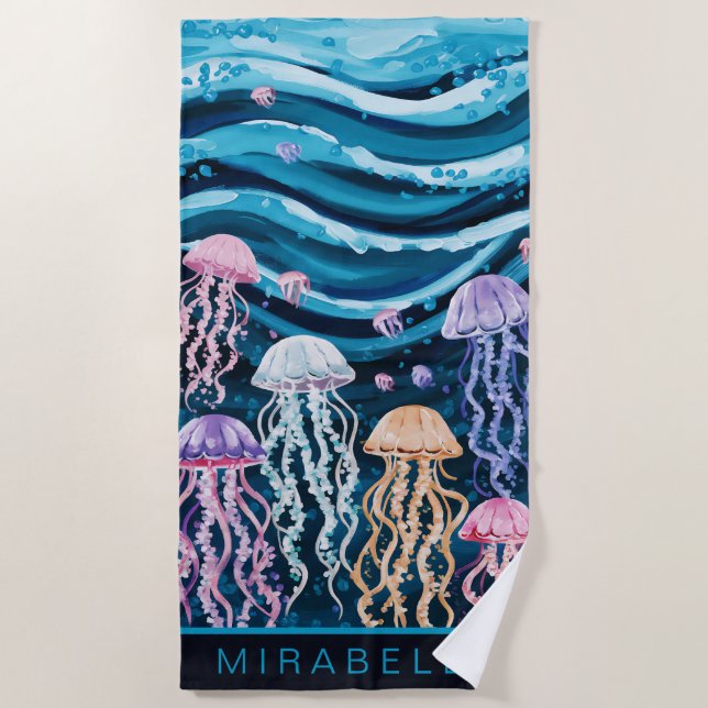Toalla De Playa Personalizado Pastel Jellyfish & Blue Waves (Anverso)