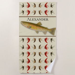 Toalla De Playa Personalizado pesca mosca trucha acuarela ruidosa