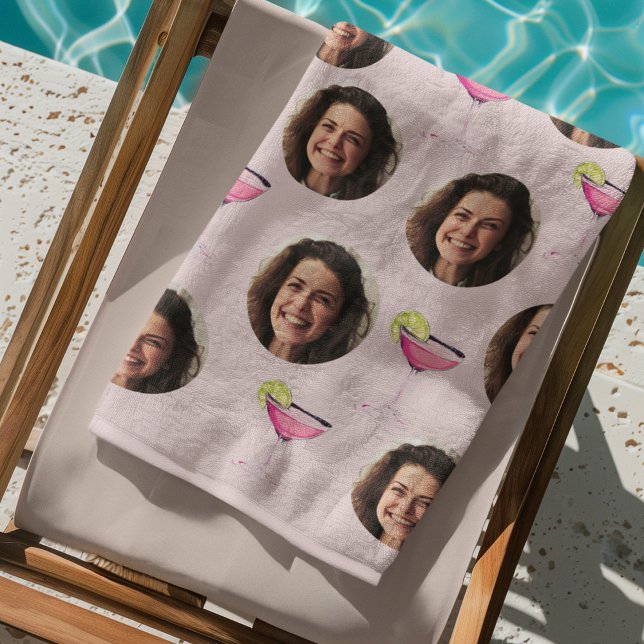 Toalla De Playa Personalizado Photo Face & Cocktail | Rosa persona (Subido por el creador)