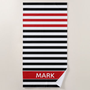 Toalla De Playa Personalizado Rojo Negro Y Blanco Multi Raya 