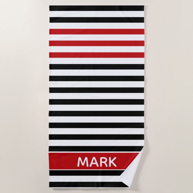 Toalla De Playa Personalizado Rojo Negro Y Blanco Multi Raya  (Anverso)