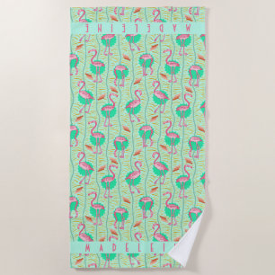 Toalla De Playa Personalizado verde retro del art déco tropical