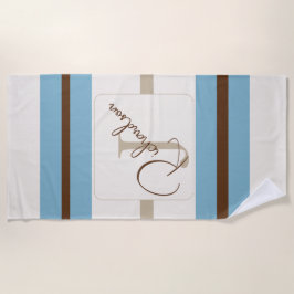 Toalla De Playa Personalized Blue Brown Stripe Monogram Coastal 