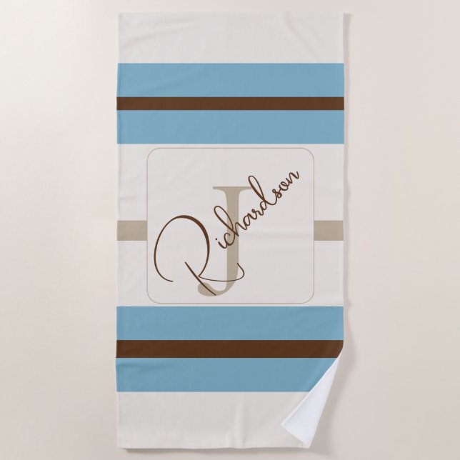 Toalla De Playa Personalized Blue Brown Stripe Monogram Coastal  (Anverso)