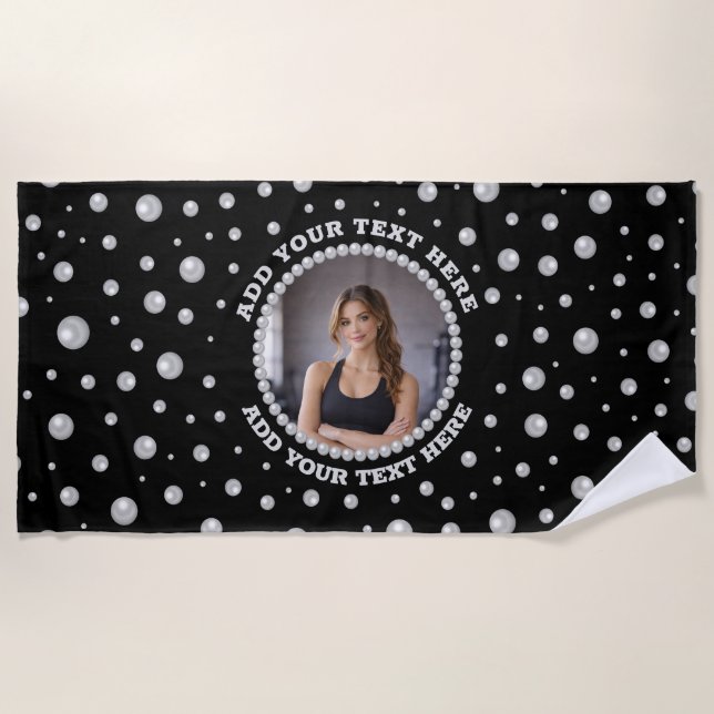 Toalla De Playa Personalized Photo with Pearls Circle on Black (Anverso)
