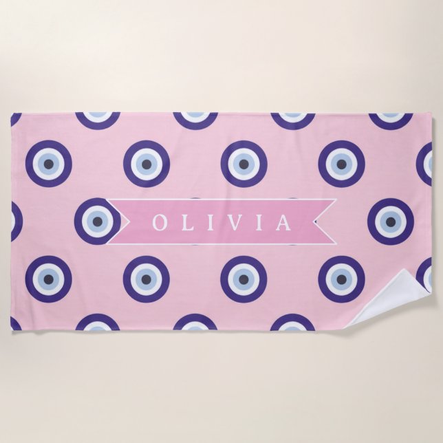 Toalla De Playa Personalized Pink Evil Eye Pattern Gifts With Name (Anverso)