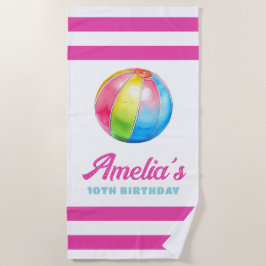 Toalla De Playa Personalized Pink Stripe with Colorful Pool Ball