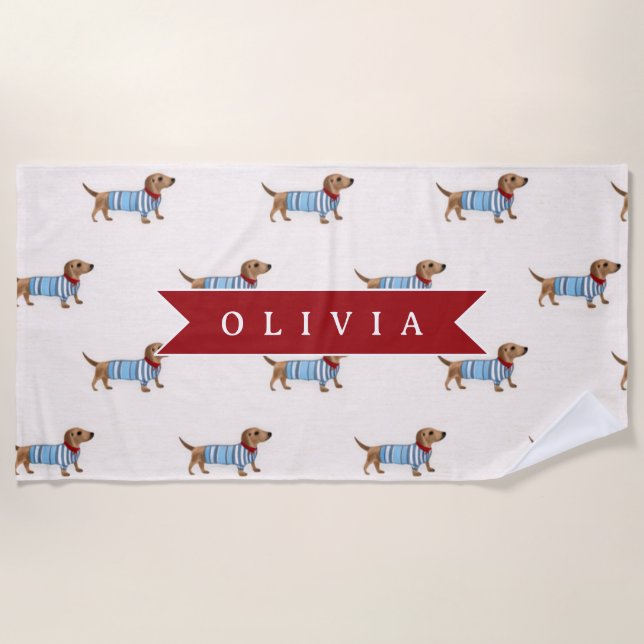 Toalla De Playa Personalized Preppy Cute Dachshund Dog Pattern (Anverso)