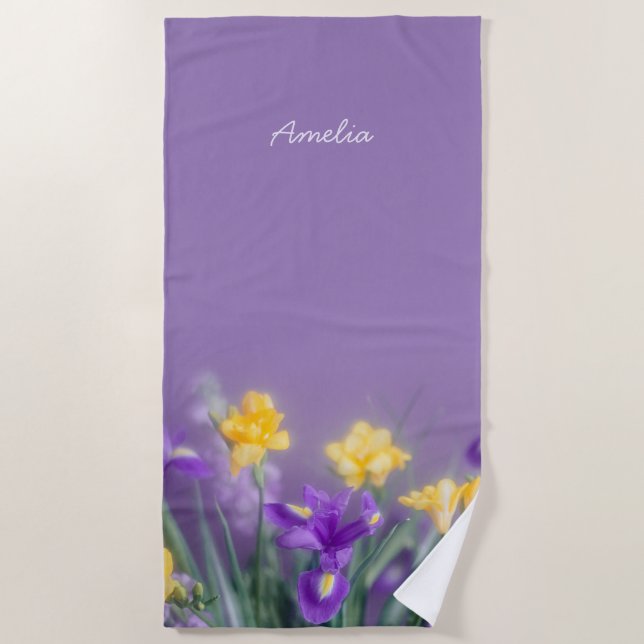 Toalla De Playa Personalized Purple and Yellow Iris Flowers  (Anverso)