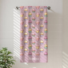 Toalla De Playa Personalized Purple Glitter Cupcake