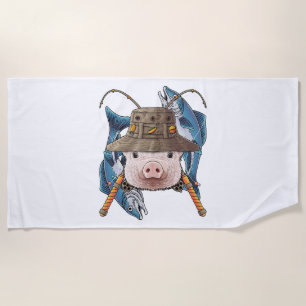 Toalla De Playa Pesca Cerdo Pescador Pescador Granja Animal Cute F