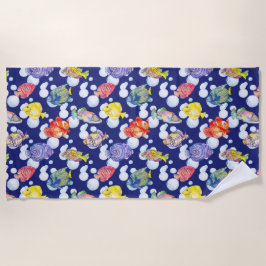 Toalla De Playa Pescado colorido Burbujas blancas fondo azul profu