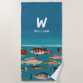 Toalla De Playa Pescado monogramado bajo el océano azul