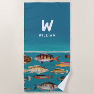 Toalla De Playa Pescado monogramado bajo el océano azul