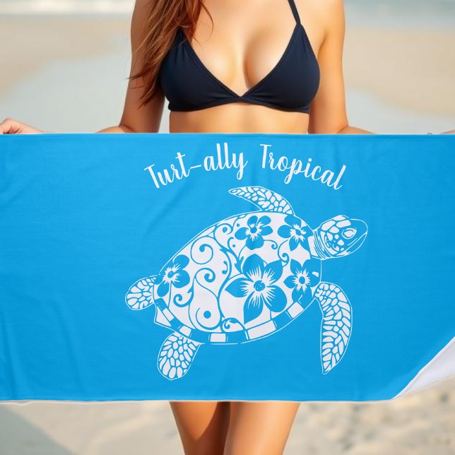 Toalla De Playa Pescador de tortuga hawaiana Luz estética azul (Hawaiian Turtle-Tropical Flowers, Elegant Tribals, summer, beach, fisherman aesthetic, Beach Towel)