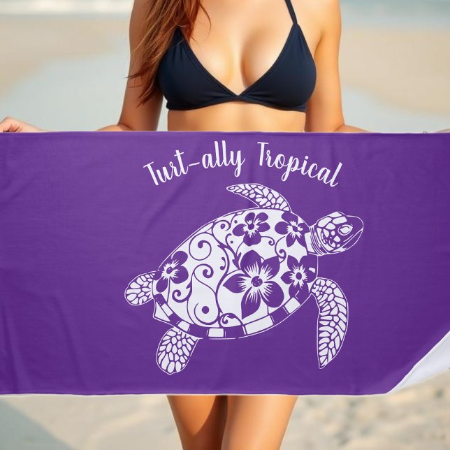 Toalla De Playa Pescador hawaiano de tortuga, morado estético (Hawaiian Turtle-Tropical Flowers, Elegant Tribals, summer, beach, fisherman aesthetic, Beach Towel)
