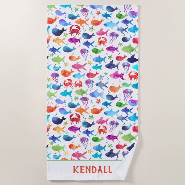 Toalla De Playa Pescados de la acuarela del arco iris debajo de (Anverso)