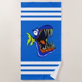 Toalla De Playa Pez Piranha Azul sobre Rayas Blancas y Azules