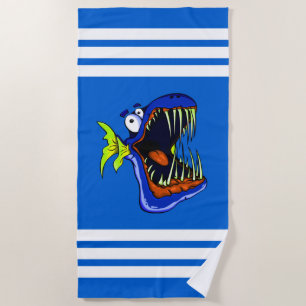 Toalla De Playa Pez Piranha Azul sobre Rayas Blancas y Azules