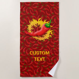 Toalla De Playa Pimienta caliente con llama sobre fondo rojo