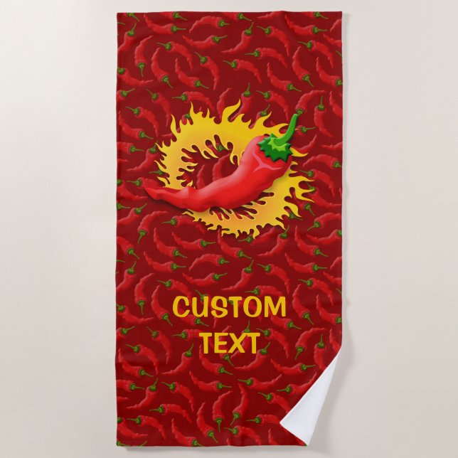 Toalla De Playa Pimienta caliente con llama sobre fondo rojo (Anverso)