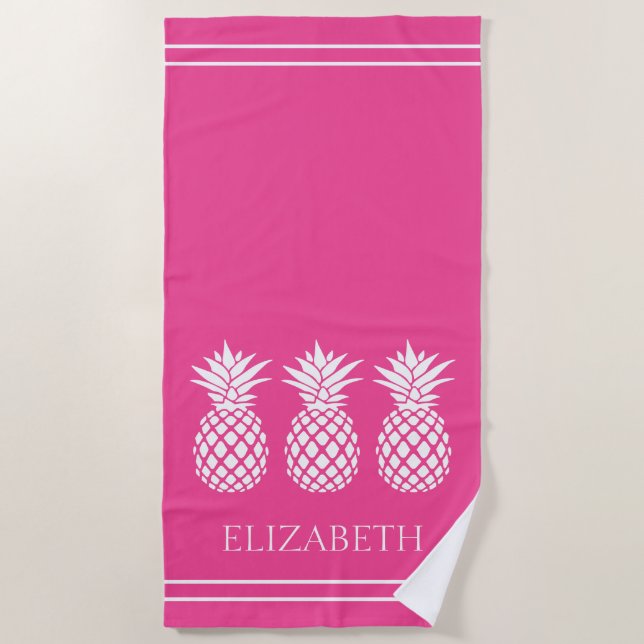 Toalla De Playa Piña Blanca Elegante sobre Rosa (Anverso)