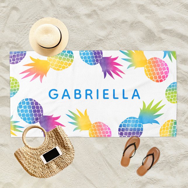 Toalla De Playa Piña de arcoiris tropical azul personalizada (Subido por el creador)
