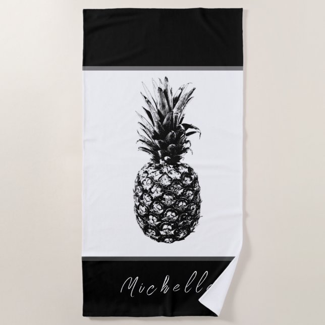 Toalla De Playa Pineapple blanco negro moderno | PERSONALIZADO (Anverso)