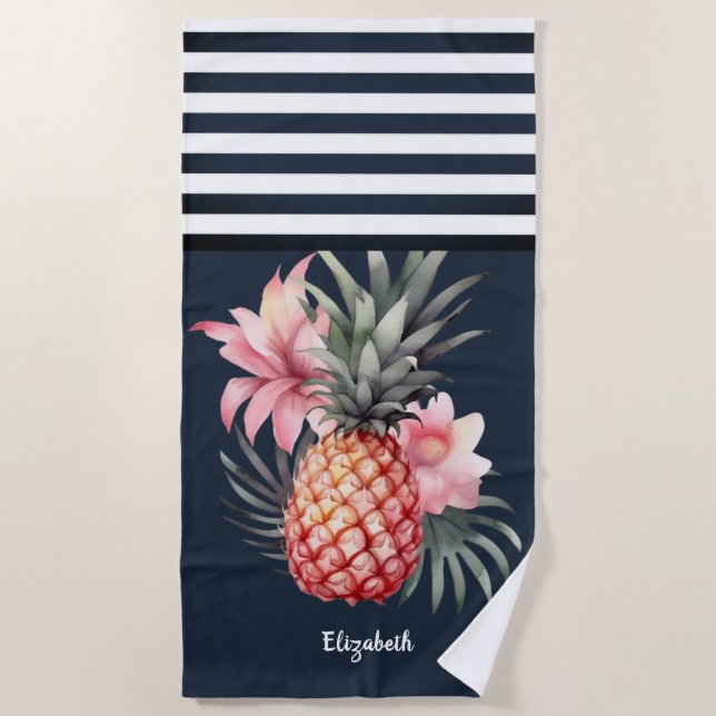 Toalla De Playa Pineapple Hibiscus Nautical Naval con rayas azules (Anverso)