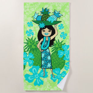 Toalla De Playa Pineapple Luau Hawaiian Hula Chica Lime Green