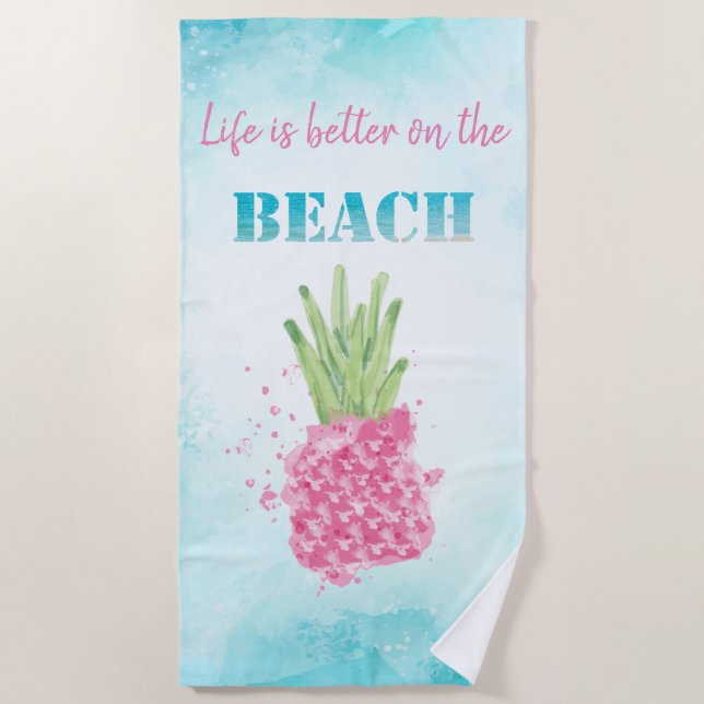Toalla De Playa Pineapple rosa fresco acuarela   (Anverso)