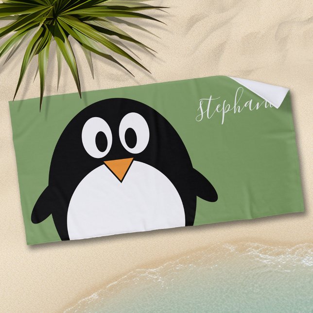 Toalla De Playa Pingüino lindo con nombre manuscrito verde caprich (Personalized Beach Towel - Add Name)