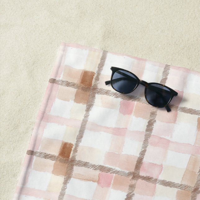 Toalla De Playa Pink Brown White Plaid Stripes (In situ)
